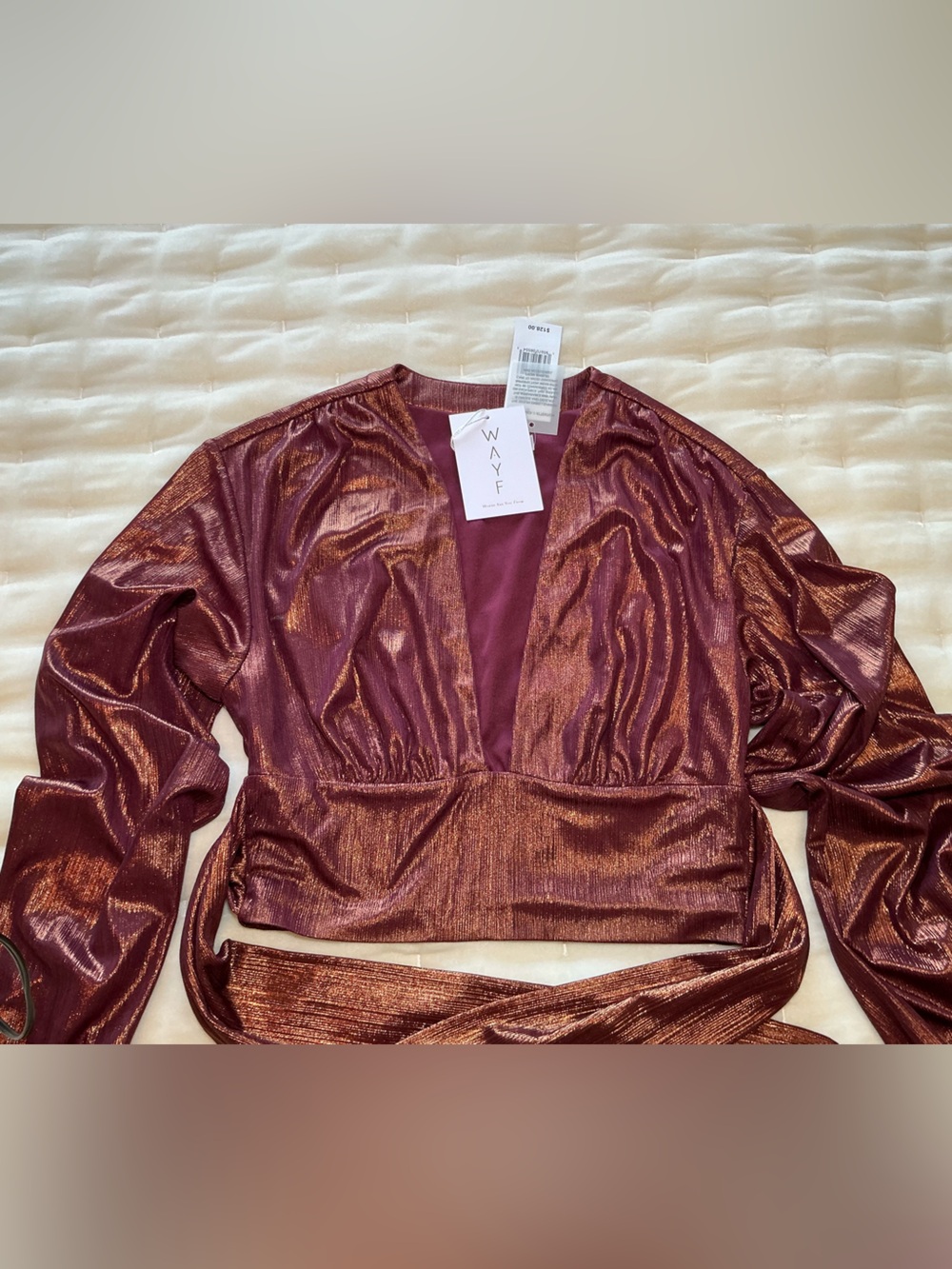 NEW! WAYF Metallic‎ Copper Tie Back Long Sleeve Crop Top women’s size Small NWT - Picture 3 of 8